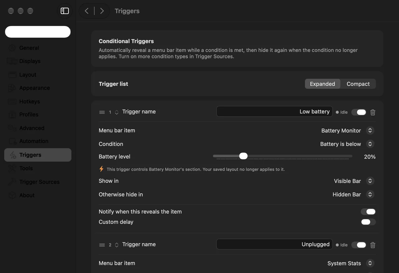 Tuck Triggers settings showing a Low battery trigger: Battery Monitor, battery is below 20 percent, show in Visible Bar, otherwise hide in Hidden Bar